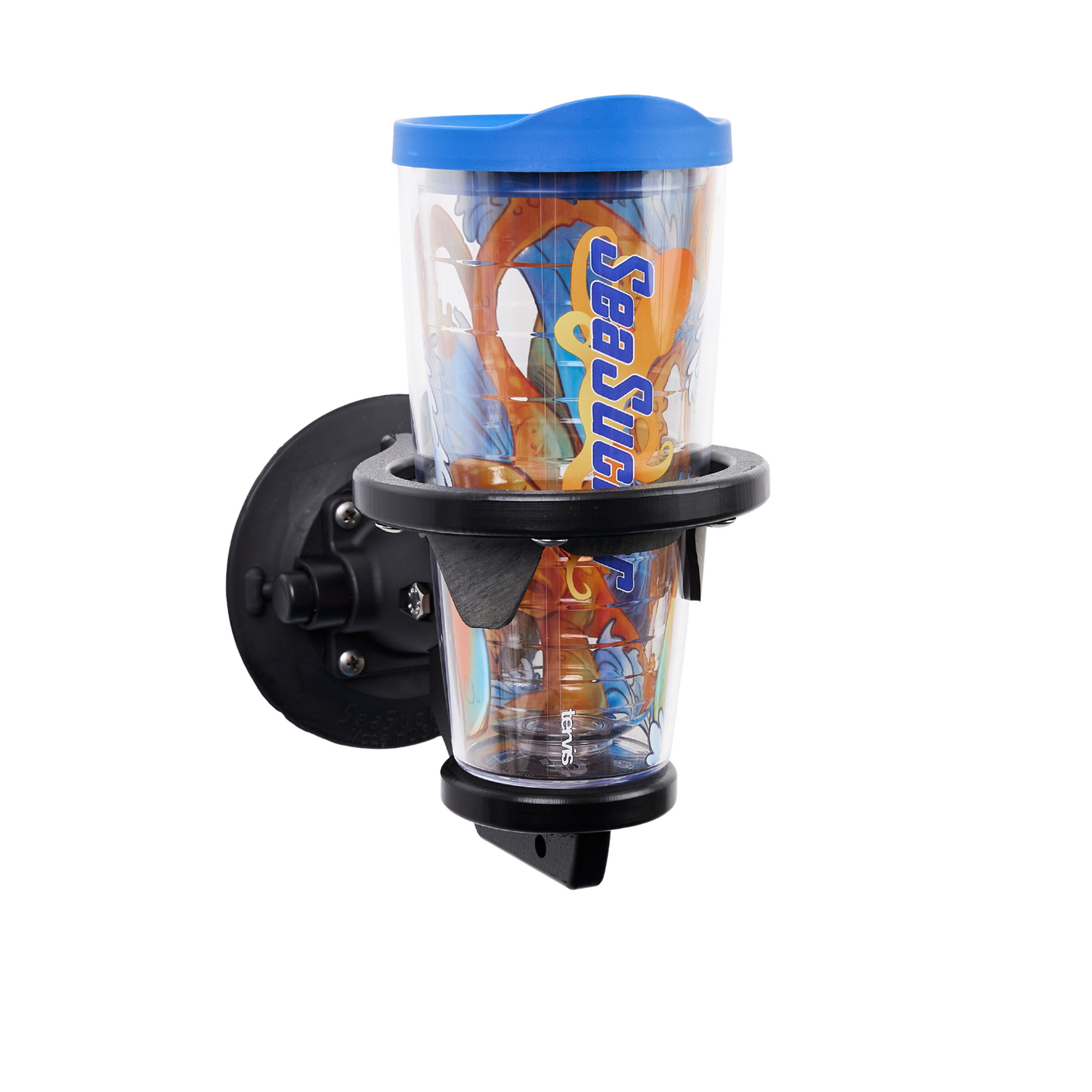 A black Universal 1-Cup Holder holding a Tervis Tumbler.