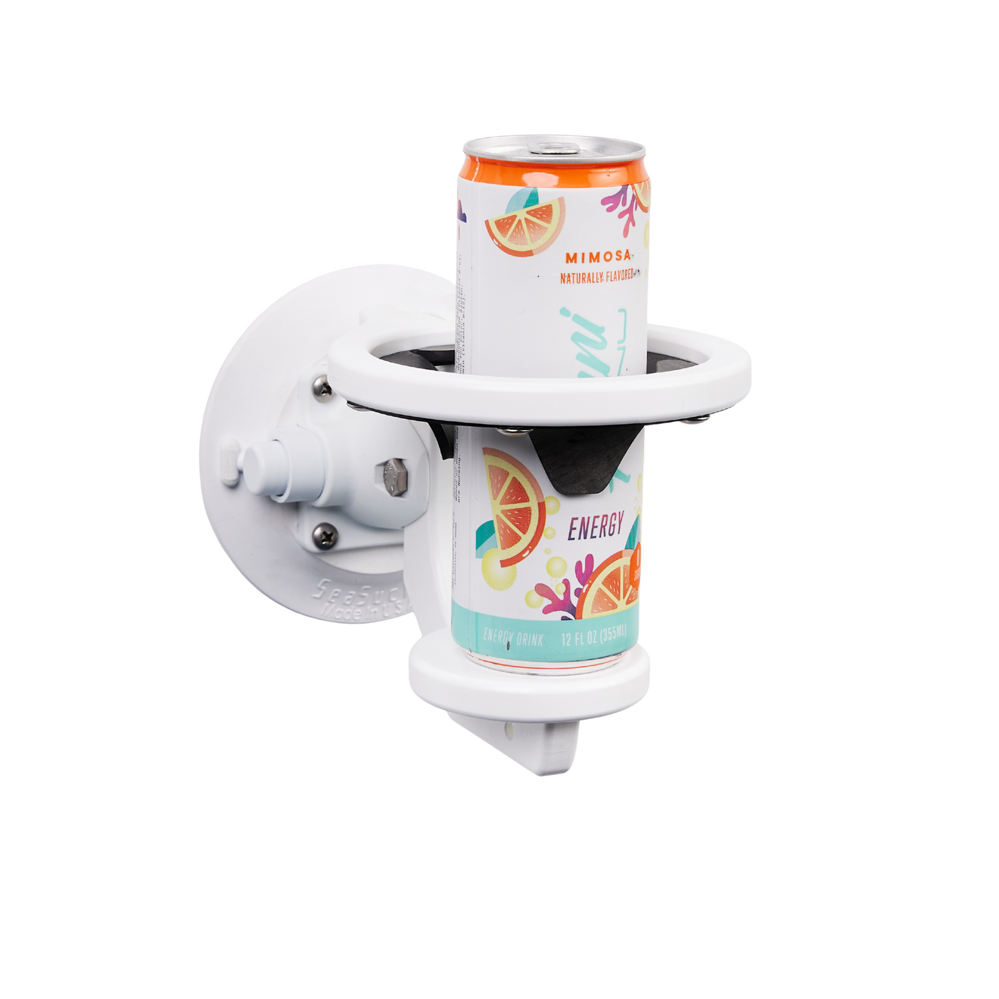 A white SeaSucker Universal 1-Cup Holder with a 12 oz drink.