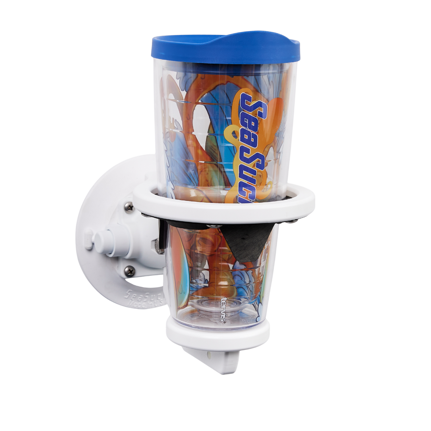 A white SeaSucker Universal 1-Cup Holder with a Tervis Tumbler.