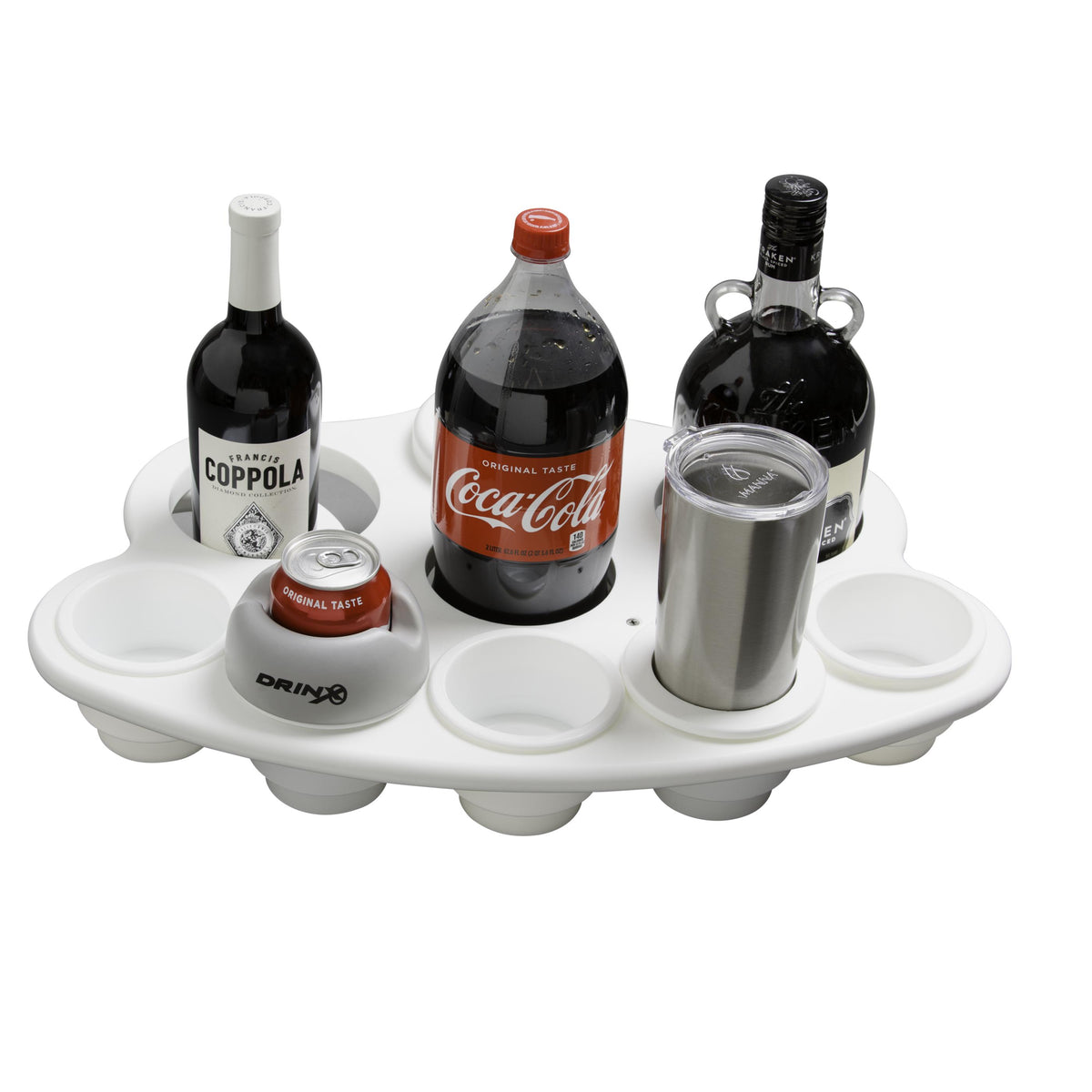 image--white with round holes | Party Barge - Horizontal Mount studio image of white variant with drinks