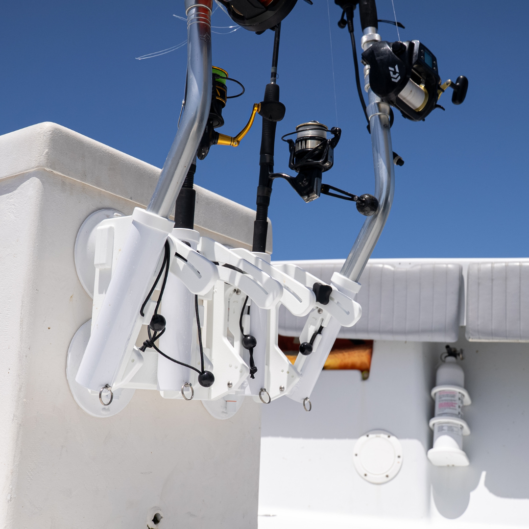 SeaSucker Rocket Launcher lifestyle photo of white variant on boat with fishing rods