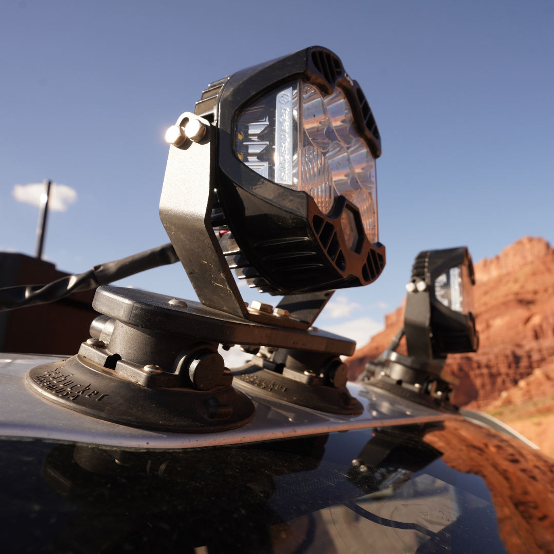 Auxiliary Light Mounts lifestyle photo with lights on car hood