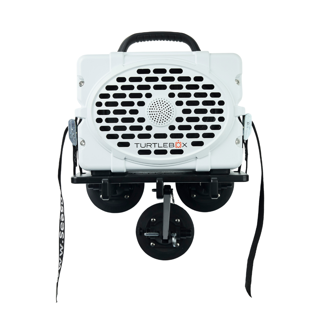 Turtlebox Speaker mount in black studio photo with speaker