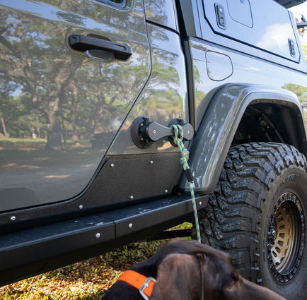 A SeaSucker Medium-Duty Handle in black used as a dog leash.