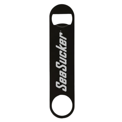 Black bottle opener with 'SeaSucker' logo on a white background