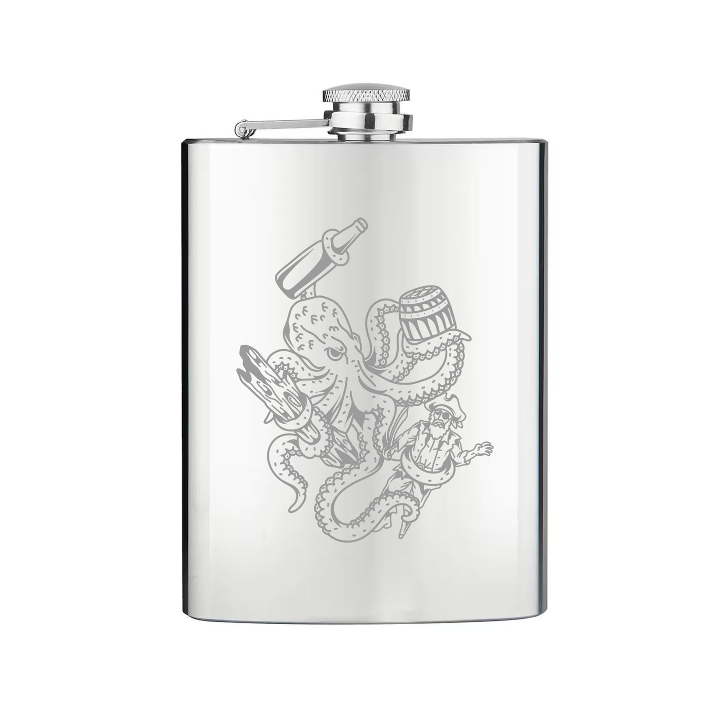 Silver flask with octopus design on a white background