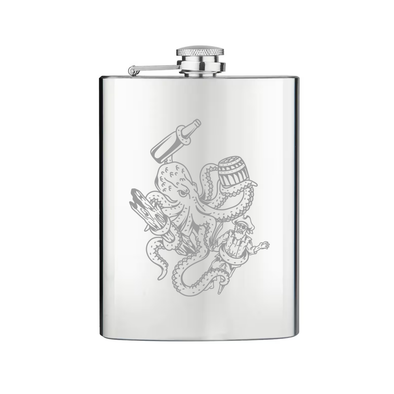 Silver flask with octopus design on a white background