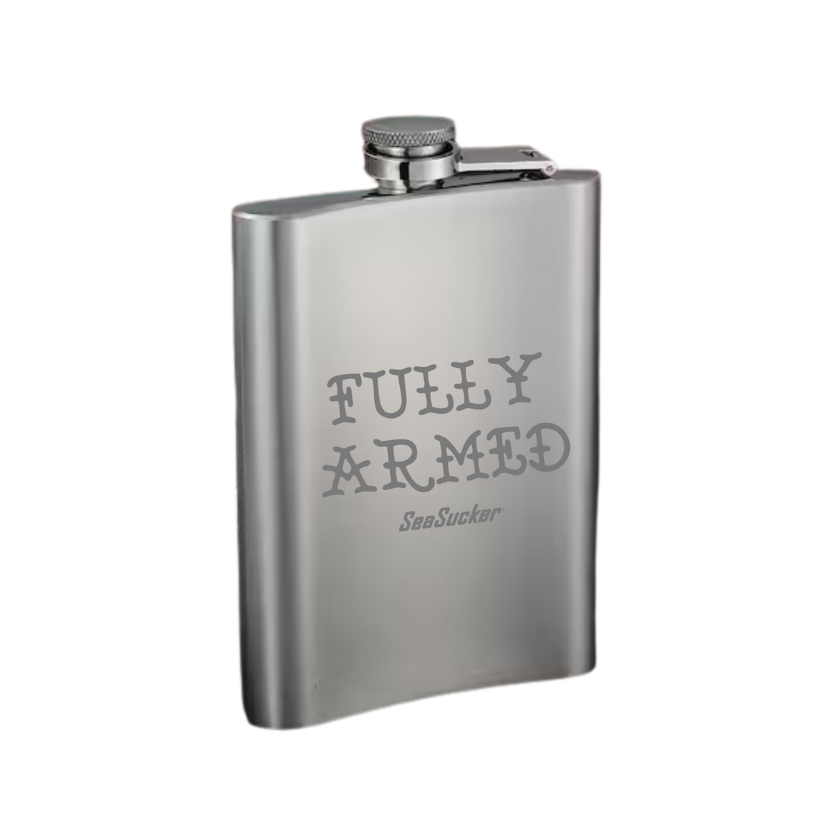 Stainless steel flask with 'FULLY ARMED' engraving on a white background