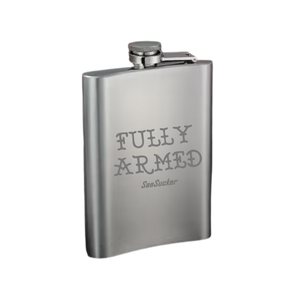 Silver flask with octopus design on a white background