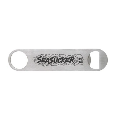 Metal bottle opener with 'SEASUCKER' logo on a white background