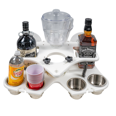 image--white | Double Decker Party Barge : Portable Bar studio photo of white variant with drinks
