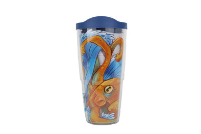 This cup fits in the hand like an old friend. The photo shows a side-view shot of the item, highlighting the vibrant colors of the orange octopus splashing in a bright blue wave, all on the clear plastic material from which the cup is made. Topping it off, literally, is a navy-blue lid that snugly secures the liquid in the vessel.
