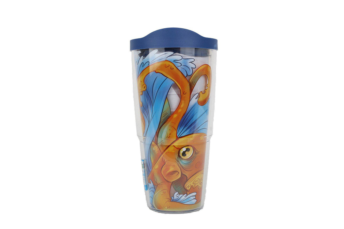 This cup fits in the hand like an old friend. The photo shows a side-view shot of the item, highlighting the vibrant colors of the orange octopus splashing in a bright blue wave, all on the clear plastic material from which the cup is made. Topping it off, literally, is a navy-blue lid that snugly secures the liquid in the vessel.